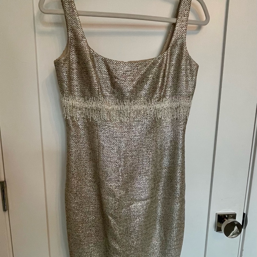 Carmen Marc Valdo gold dress w/ empire waist & cute beading. In good condition.